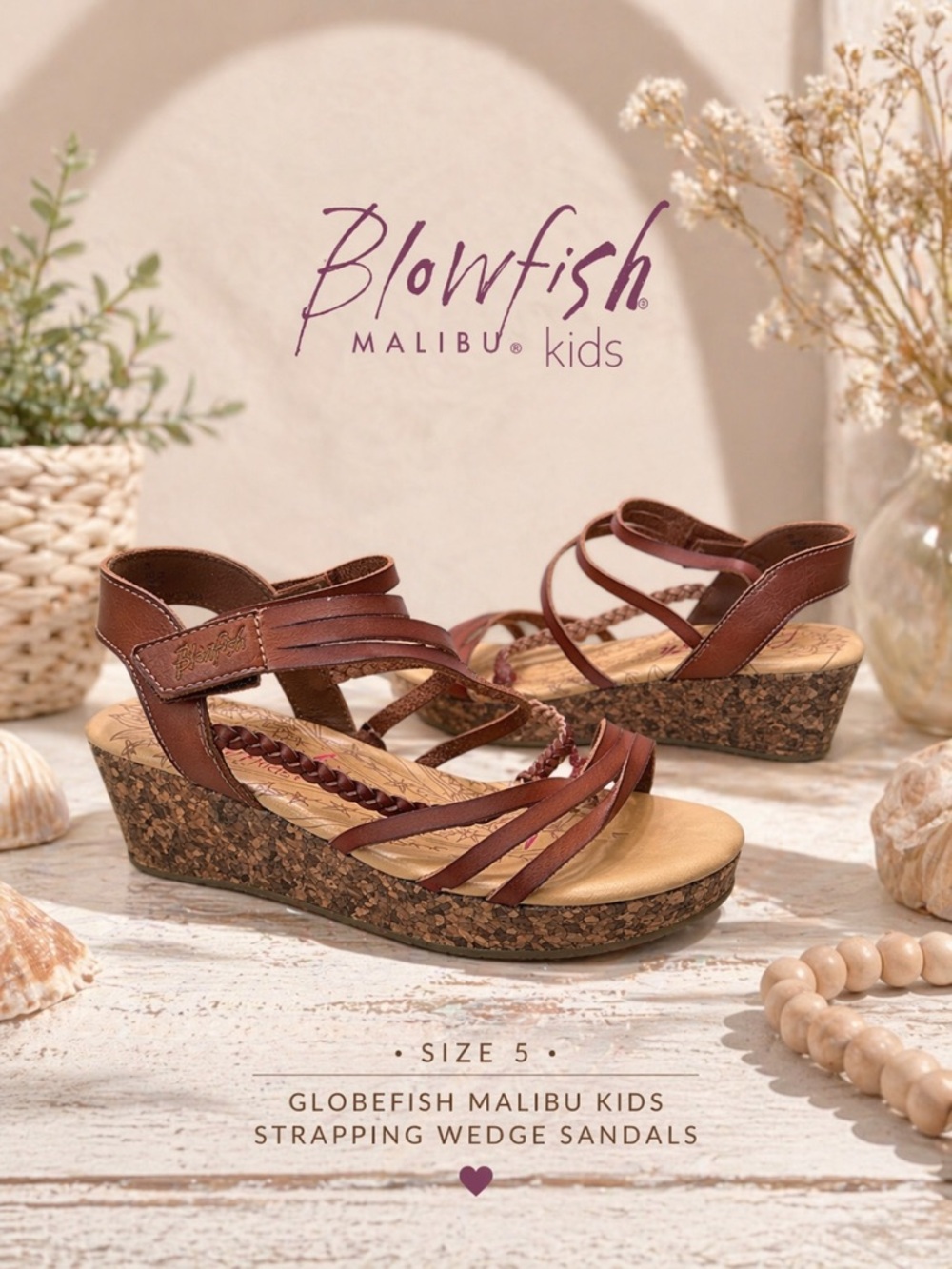 Blowfish Malibu Kids Brown Strappy Cork Wedge Sandals Size 5 Boho Summer